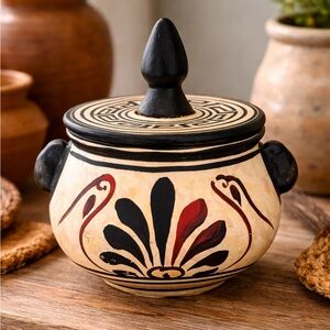 Vintage Greek Pottery Lidded Jar Hand Made in Greece Ceramic Canister miniature